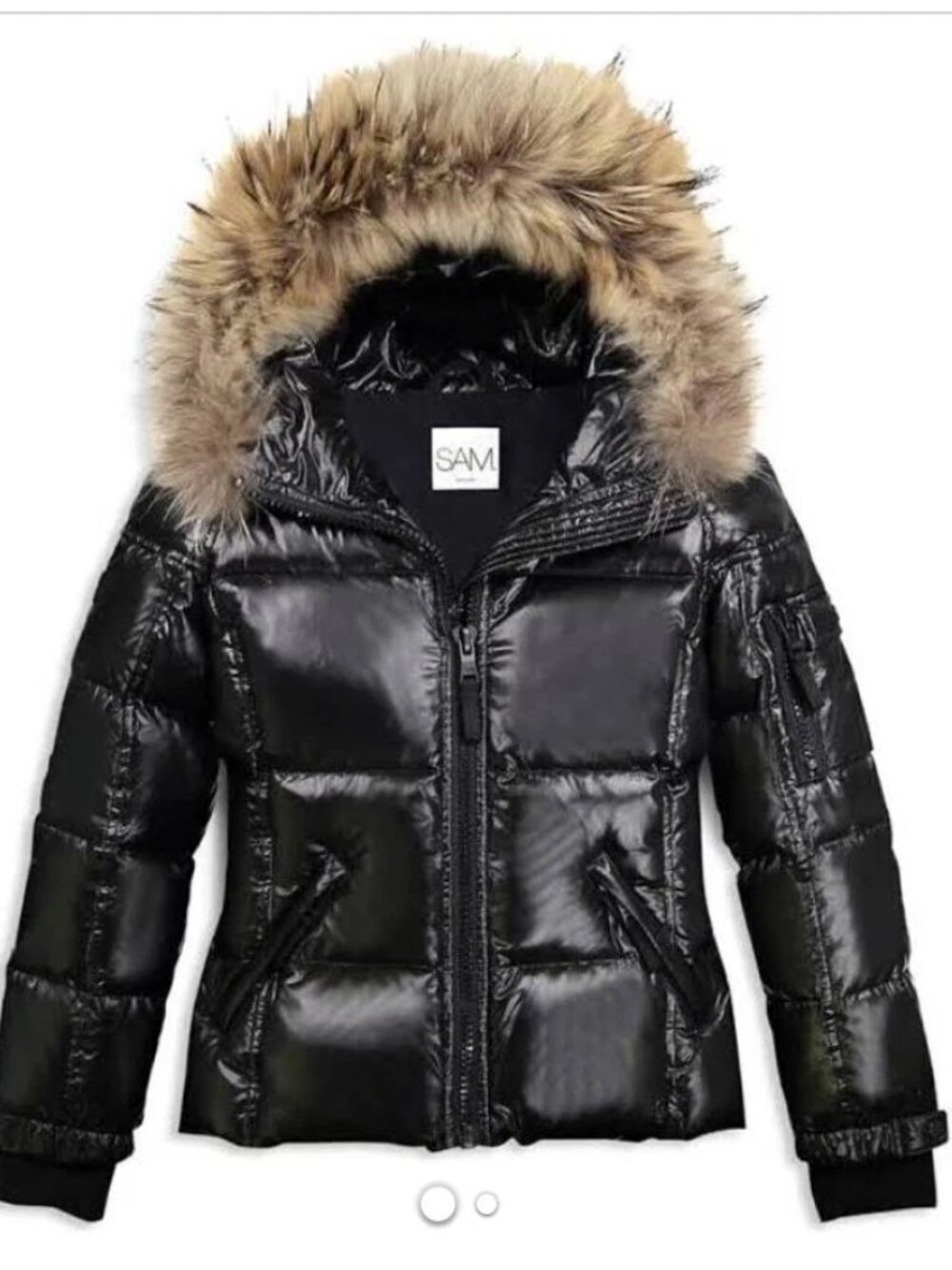 SAM New York Girl’s Black Metallic Fox Fur-Trim Down Puffer Jacket  Size 14 NWOT